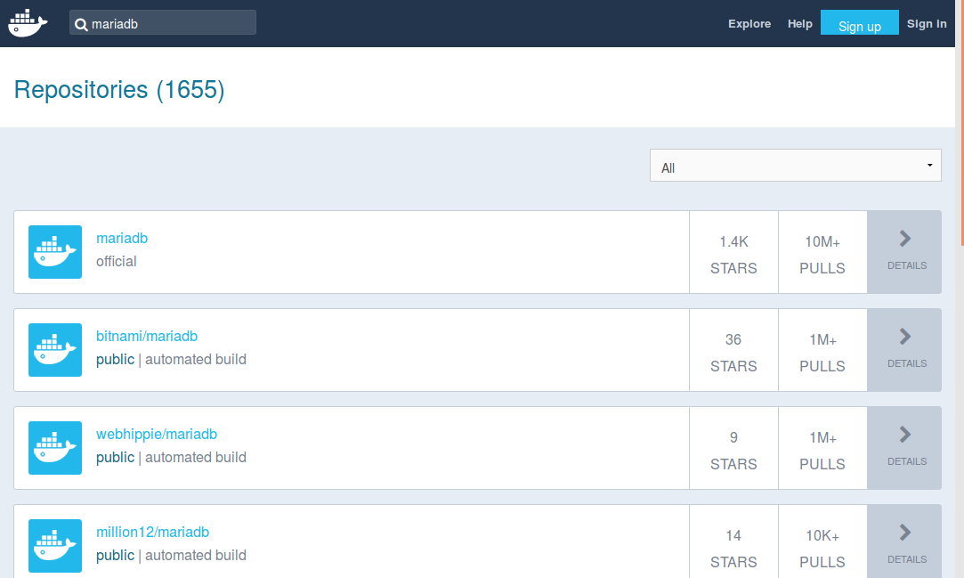 Recherche mariadb sur le Docker Hub